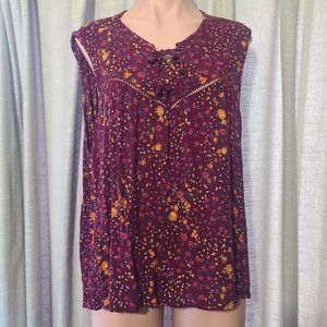 NWOT Red Peasant Top, Floral Pattern, Tie Front, Plus Size 1X